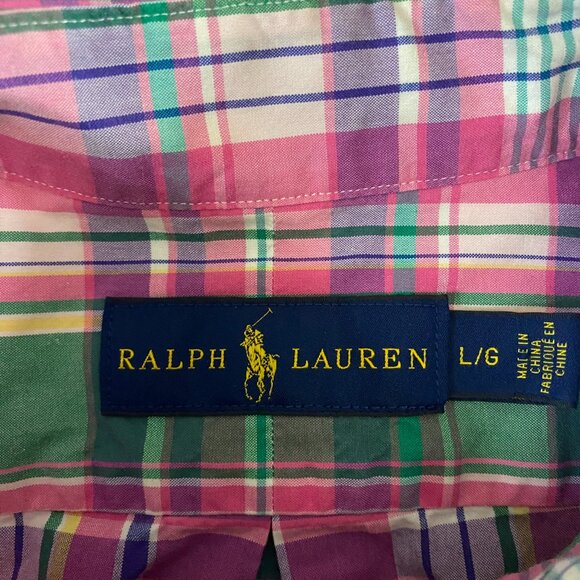 Polo Ralph Lauren Shirt Men's Large Button Down Madras Plaid Pink Green Yellow - Picture 5 of 11